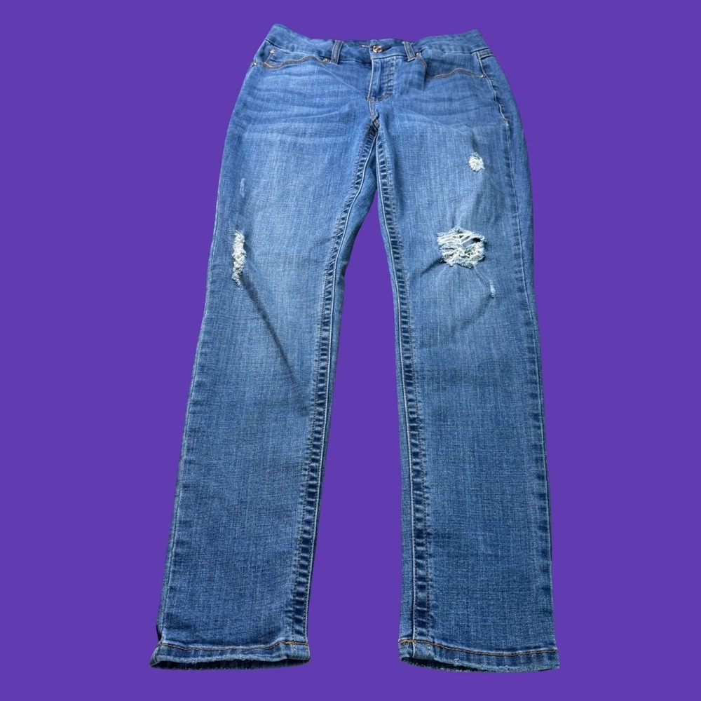 Seven7 Womens Tummyless Skinny Jeans Size 8 Distressed Stretch Blue Denim